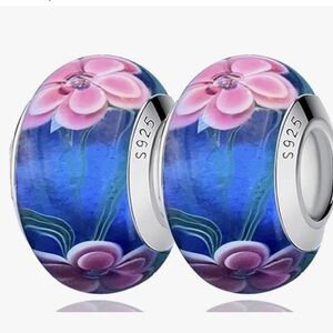 Murano glass bead set in Blue pink with flower, fits in all Pandora bracelets